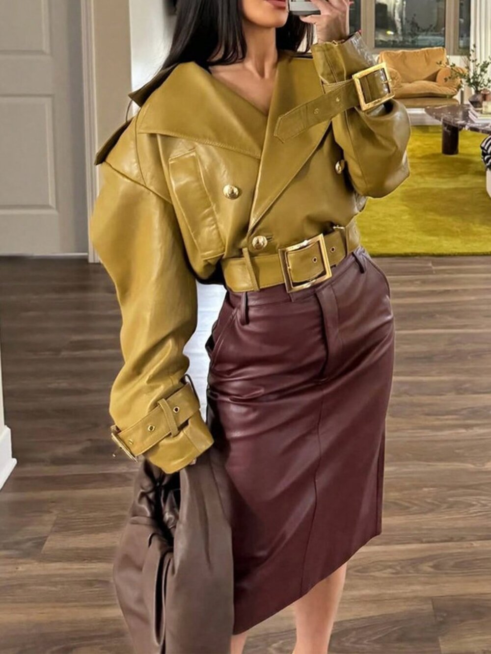 Yellow Chic Women's Belted Faux Leather Jacket
